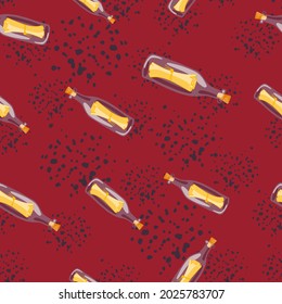 Seamless pattern with random purple and yellow colored bottle with message print. Maroon background with splashes. Designed for fabric design, textile print, wrapping, cover. Vector illustration.