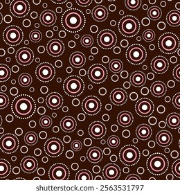 Seamless pattern with random round elements. White pink circular element on dark brown background. Cute cozy design for textiles, wallpapers, etc. Ethnic simple geometric vector illustration