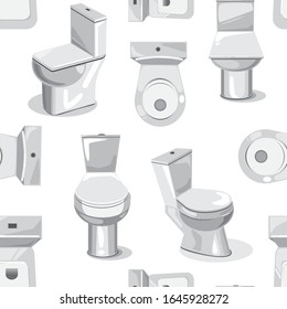 Seamless pattern with random sanitary ware or porcelain toilets on a white background for design. Vector stock illustration with flat plumbing for advertising services of a master or backdrop for web