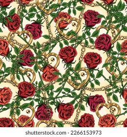 Seamless pattern with random scattered roses, golden hearts, jewelry gold chains. Geometric grid on background. For wedding, engagement event, Valentines Day, gift, holiday decoration, wrapping paper