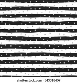 Seamless pattern of random silver dots on trendy background of white and black stripes. Elegant pattern for background, textile, paper packaging and other design. Vector illustration.