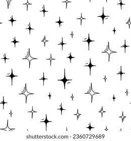 Seamless pattern. Random size one color sparks. Modern stylish texture. Black and white background. Stars shining, sparkling, glowing, twinkling. Abstract texture with sparks.
