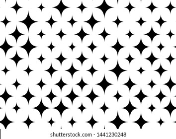 Seamless pattern. Random size stars. Modern stylish texture. Black and white background. Stars shining, sparkling, glowing, twinkling. Abstract texture with sparks. Design with sparks silhouette 