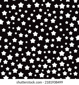 Seamless pattern with random stars on a black background. Perfect for print, textile, fabric, wallpaper, home decor, packaging and wrapping paper.