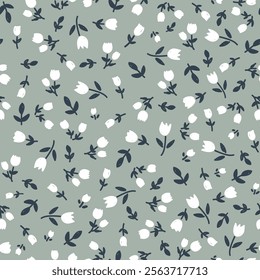 Seamless pattern with random tulip flower hand drawn ornament. Simple floral pattern on green background.