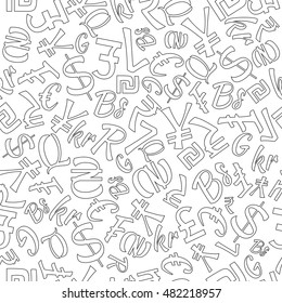 Seamless Pattern of Random World Currencies in Black Contour. Isolated Currency Symbols. Vector EPS 10
