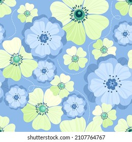 A seamless pattern with randomly arranged blooming and fragrant flowers. Vector illustration in a flat style.