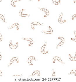 Seamless pattern of randomly arranged curved shrimps. Vector illustration of red shrimp, seafood wallpaper background.