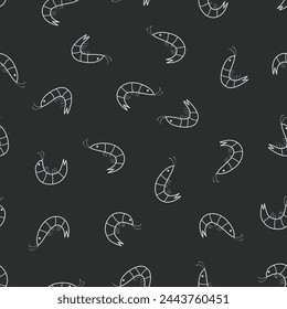 Seamless pattern of randomly arranged curved shrimps. Vector illustration of red shrimp, seafood wallpaper background.