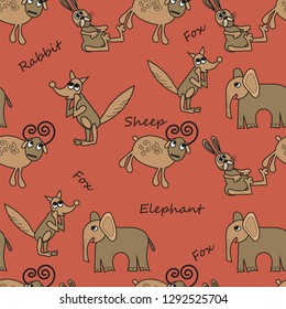 Seamless pattern with randomly arranged images and names of animals, stylized as a child's drawing. Pink background. Vector illustration