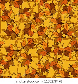 A seamless pattern with randomly arranged maple leaves against a lattice of perforated lines.