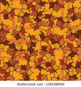 A seamless pattern with randomly arranged maple leaves against the grating of angular lines.