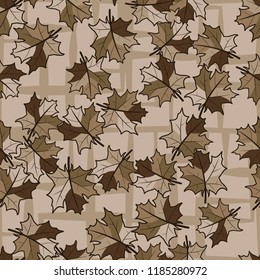 A seamless pattern with randomly arranged maple leaves against the grating of angular lines.