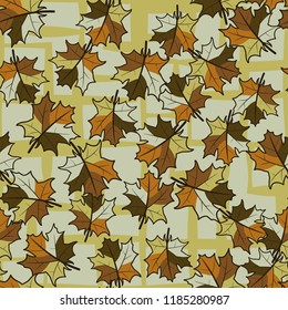 A seamless pattern with randomly arranged maple leaves against the grating of angular lines.