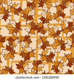 A seamless pattern with randomly arranged maple leaves against the grating of angular lines.