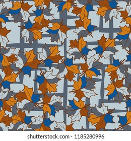 A seamless pattern with randomly arranged maple leaves against the grating of angular lines.