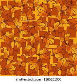 A seamless pattern with randomly arranged maple leaves against the grating of angular lines.