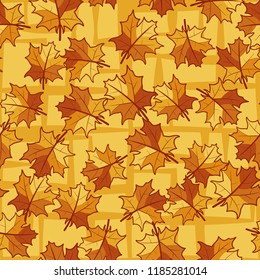 A seamless pattern with randomly arranged maple leaves against the grating of angular lines.
