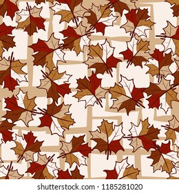 A seamless pattern with randomly arranged maple leaves against the grating of angular lines.