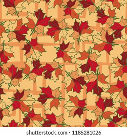 A seamless pattern with randomly arranged maple leaves against the grating of angular lines.