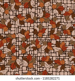A seamless pattern with randomly arranged maple leaves against the background of a grid of small rectangles.