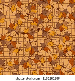 A seamless pattern with randomly arranged maple leaves against the background of a grid of small rectangles.