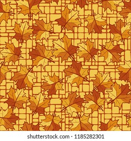 A seamless pattern with randomly arranged maple leaves against the background of a grid of small rectangles.