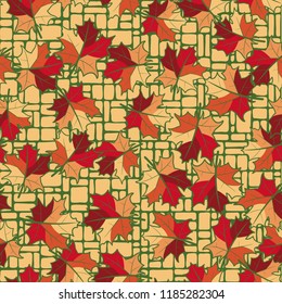 A seamless pattern with randomly arranged maple leaves against the background of a grid of small rectangles.
