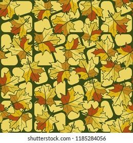 A seamless pattern with randomly arranged maple leaves against a backdrop of rounded quadrilaterals.