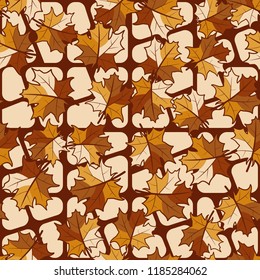 A seamless pattern with randomly arranged maple leaves against a backdrop of rounded quadrilaterals.