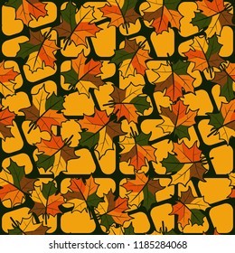 A seamless pattern with randomly arranged maple leaves against a backdrop of rounded quadrilaterals.