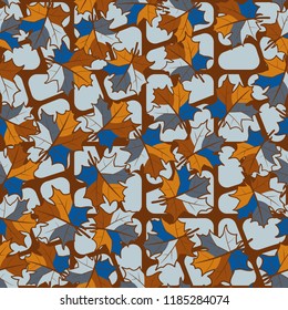 A seamless pattern with randomly arranged maple leaves against a backdrop of rounded quadrilaterals.