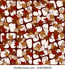 A seamless pattern with randomly arranged maple leaves against a backdrop of rounded quadrilaterals.