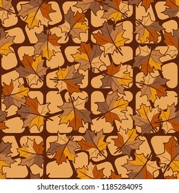 A seamless pattern with randomly arranged maple leaves against a backdrop of rounded quadrilaterals.