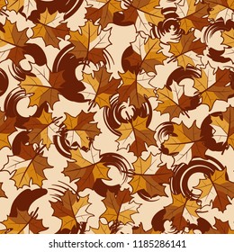 A seamless pattern with randomly arranged maple leaves against the background of circles.