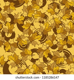 A seamless pattern with randomly arranged maple leaves against the background of circles.