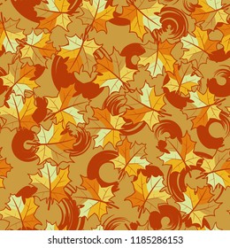A seamless pattern with randomly arranged maple leaves against the background of circles.