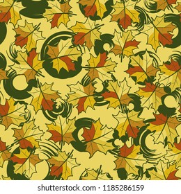A seamless pattern with randomly arranged maple leaves against the background of circles.