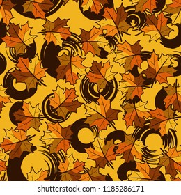 A seamless pattern with randomly arranged maple leaves against the background of circles.