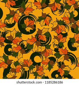 A seamless pattern with randomly arranged maple leaves against the background of circles.