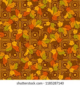 A seamless pattern with randomly arranged maple leaves against a background of concentric octagons.