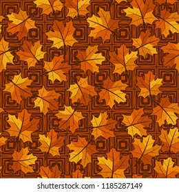 A seamless pattern with randomly arranged maple leaves against a background of concentric octagons.