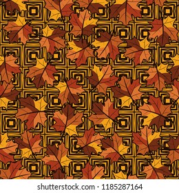 A seamless pattern with randomly arranged maple leaves against a background of concentric octagons.