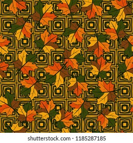 A seamless pattern with randomly arranged maple leaves against a background of concentric octagons.