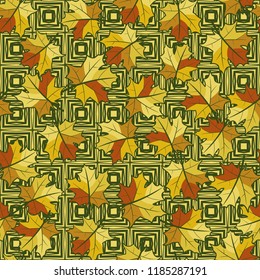 A seamless pattern with randomly arranged maple leaves against a background of concentric octagons.