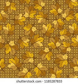 A seamless pattern with randomly arranged maple leaves on the background of crosses and quadrangular flowers.