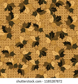 A seamless pattern with randomly arranged maple leaves on the background of crosses and quadrangular flowers.