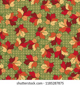 A seamless pattern with randomly arranged maple leaves on the background of crosses and quadrangular flowers.