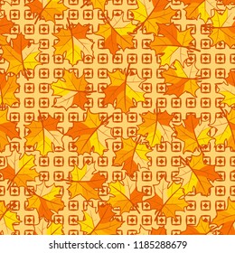 A seamless pattern with randomly arranged maple leaves on a background of rhombuses placed in squares.