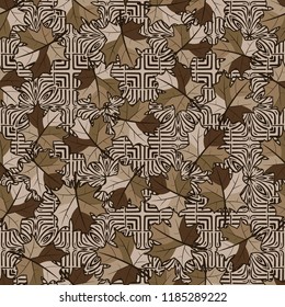 A seamless pattern with randomly arranged maple leaves against the background of four-finger symbolic flowers.